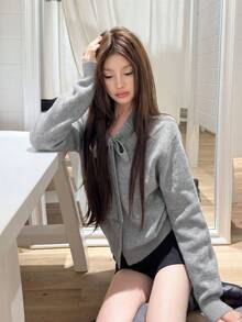独特的蝴蝶结灰色波尔卡圆点女士开衫毛衣，可单独穿着 - 純灰色 - 查看 4