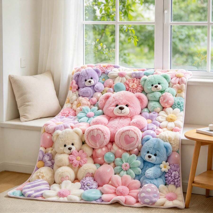 1pc Macaron Color Bear & Floral Print Flannel Throw Blanket, Sofa Decorative Blanket - Multicolor - View 1