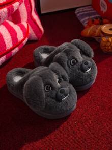 Men's Thick Sole Plush Puppy Slippers, Fluffy Thermal Lined Indoor/Outdoor Winter Fun Slippers - Grey - View 2