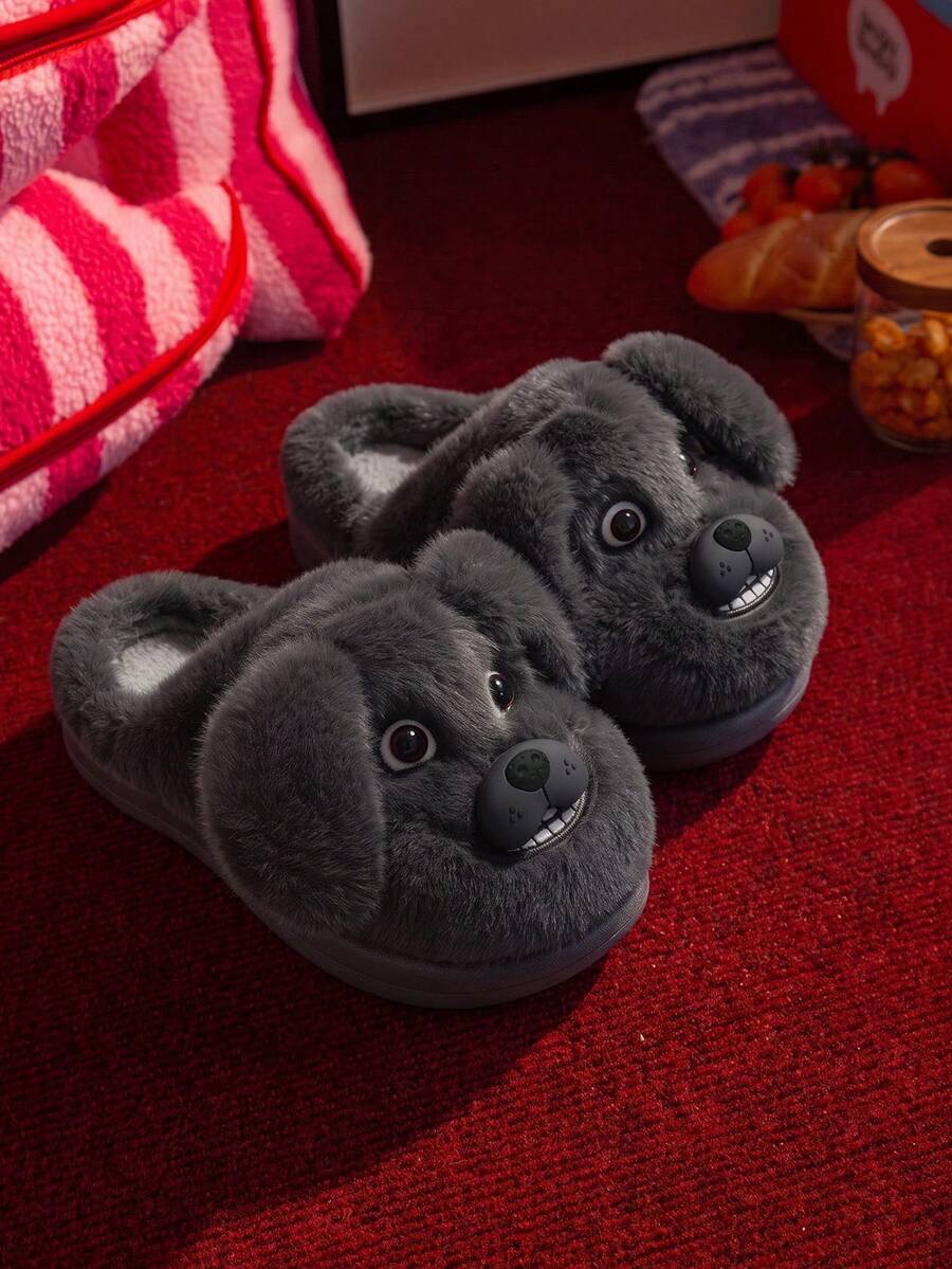 Men's Thick Sole Plush Puppy Slippers, Fluffy Thermal Lined Indoor/Outdoor Winter Fun Slippers