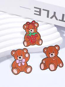 Cute Brown Teddy Bear Enamel Pin, Bow Heart Strawberry Bear Brooch, Decorative Lapel Pin For Jackets Backpacks Hats - Multicolor - View 5