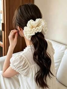 2Pcs Oversized Shimmer Pleated Satin Scrunchies, Large Ruffled Fabric Hair Tie, Elegant Solid Color Hair Accessories For Women Daily Hairstyle - Multicolor - View 4