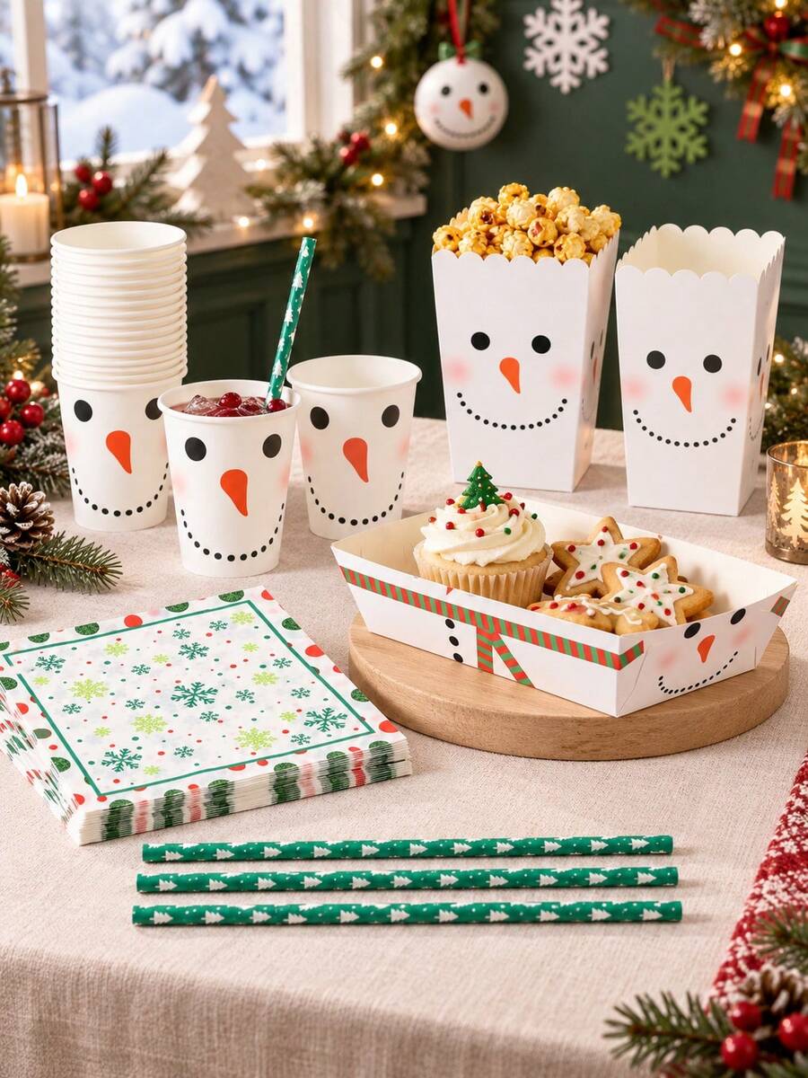100PCS Disposable Paper Party Tableware Set, White Snowman Face And Colorful Snowflake Print, Suitable For Christmas Party, Christmas Eve Gathering, Family Celebration, Office Party, Winter Theme Event, New Year Party And Holiday Table Setting - Multicolor - View 1