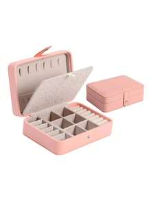 1pc Jewelry Storage Box, Jewelry Ornament Storage Container For Storage & Organization, Must-Have Travel Essential For Women, PU Leather Case, Multi-Compartment For Rings, Earrings & Necklaces, Soft Lining, Snap Closure, Portable Design - Pink - View 3