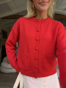 Autumn/Winter New Women's Casual Style Knit Cardigan, Red Solid Color Open Front, Suitable For Commuting And Daily Wear - Red - View 2