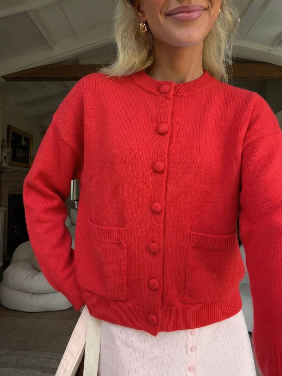 Autumn/Winter New Women's Casual Style Knit Cardigan, Red Solid Color Open Front, Suitable For Commuting And Daily Wear