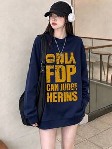 Women's Round Neck Sweatshirt, New Autumn/Winter Letter Print, Casual Versatile Loose Top, Fashionable Daily Wear - Navy Blue - View 8