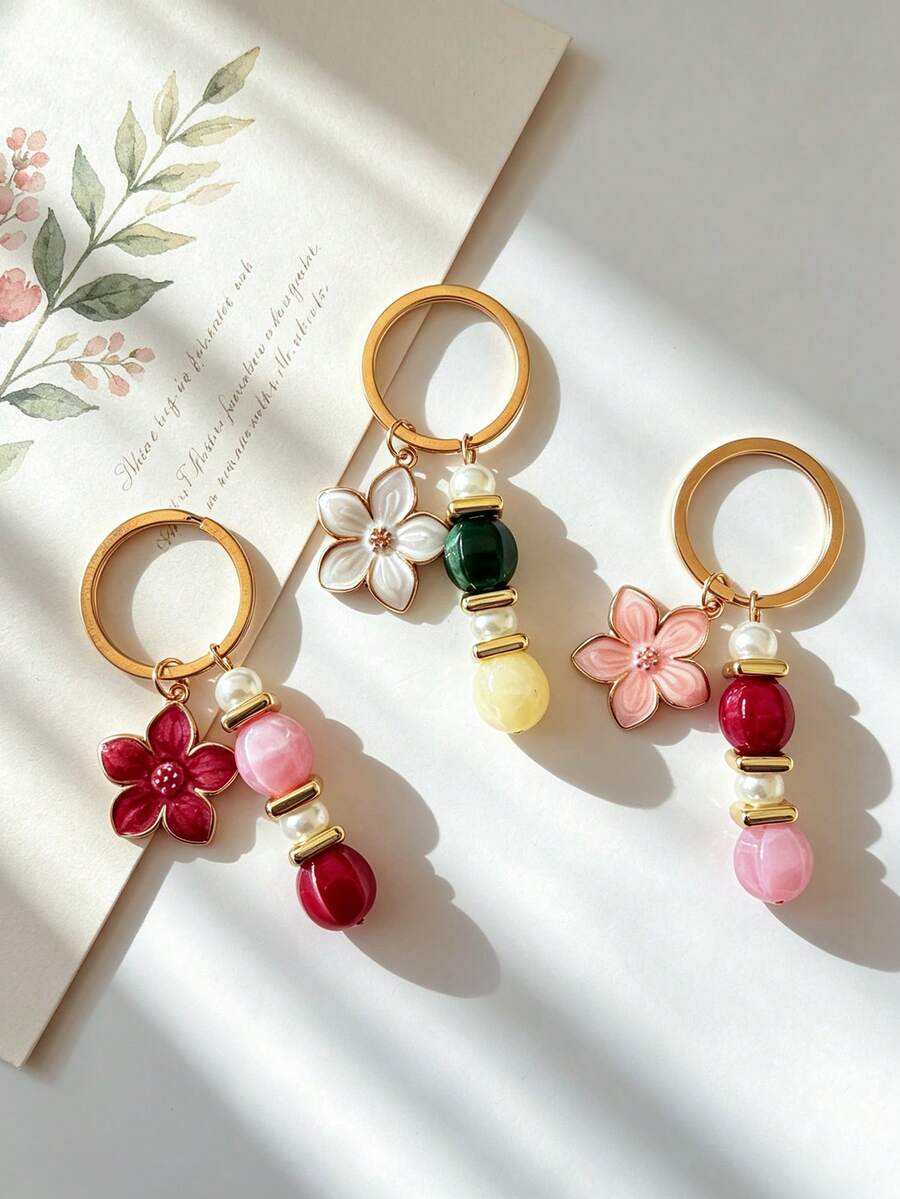 1pc Floral Beaded Keychain, Sweet Flower Bag Charm, Key Ring Key Chain, Women's Portable Accessory Gift - Multicolor - View 1