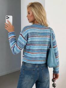 Aflion Women Fall Clothing Striped Cropped Knit Cardigan, Long Sleeve Frog Button Front Open Sweater For Thanksgiving Outfit - Multicolor - View 2