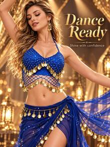 New Belly Dance Performance Top Featuring A Fish-Scale Sequin Design; A Stylish Accessory Adorned With Gold Tassels And Beadwork, Perfect For Stage Performances, Parties, Festivals, And Dance Shows-Offering An Elegant, Arabian-Inspired Look. - Multicolor - View 10
