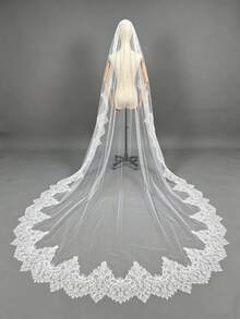 Mantilla Style Lace Bridal Veil, French Lace Trim Long Fingertip Length, With Invisible Hair Comb Wedding Photography Prop - Off-white - View 9