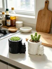 Healing Capybara Tree Stump Planter, Realistic Tree Stump Texture Paired With Adorable Capybara, Black And White Minimalist Design. Suitable For Planting Succulents And Small Flowers, Perfect For Indoor Tabletop Display To Easily Create A Cute Natural Landscape. - Multicolor - View 5