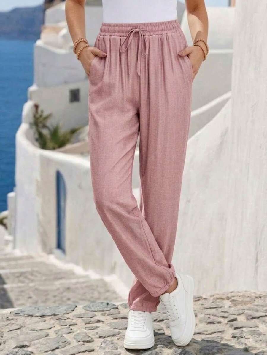 Jessfine Pink Slim Fit Casual Pants With Elastic Waistband, Drawstring, Pockets, Textured Fabric, Multipurpose, Spring/Summer - Pink - View 1
