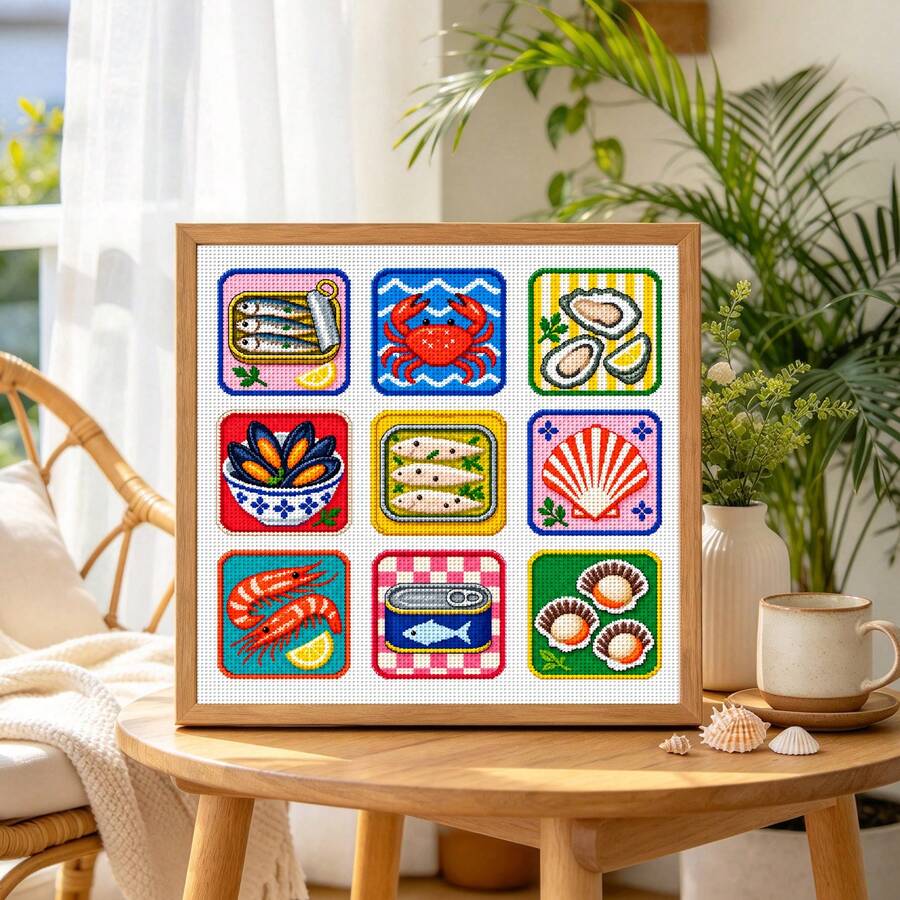 Healing Seafood Cross Stitch Kit 38x38cm [15x15 Inches] 11CT 9-Grid Cute Seafood Food Print Zero-Based Stress Relief DIY Home Decor Wall Hanging Handmade Gift