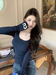 女款秋季圓領長袖修身字母印花T恤 - 藏蓝色 - 查看 4