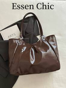 1pc Coffee Brown Metal Rivet Decor Large Capacity Solid Color PU Tote Bag Women's Shoulder Bag - Coffee Brown - View 2