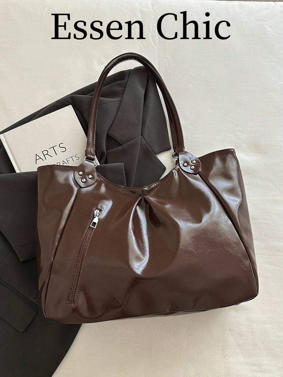 1pc Coffee Brown Metal Rivet Decor Large Capacity Solid Color PU Tote Bag Women's Shoulder Bag