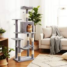 146cm Multi-Level Cat Tree With Condo, Hammock, 3 Perches, Sisal Scratching Posts And Hanging Toys, Grey Indoor Cat Activity Tower - Light Grey - View 9