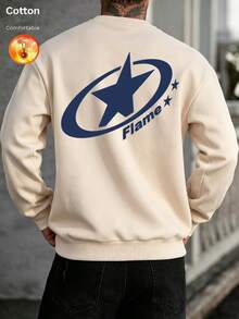 كنزة رجالية فضفاضة برقبة دائرية مبطنة حرارياً للخريف/الشتاء، مزينة بنمط نجمة ونص لهب - لون مشمشي - مشاهدة 10
