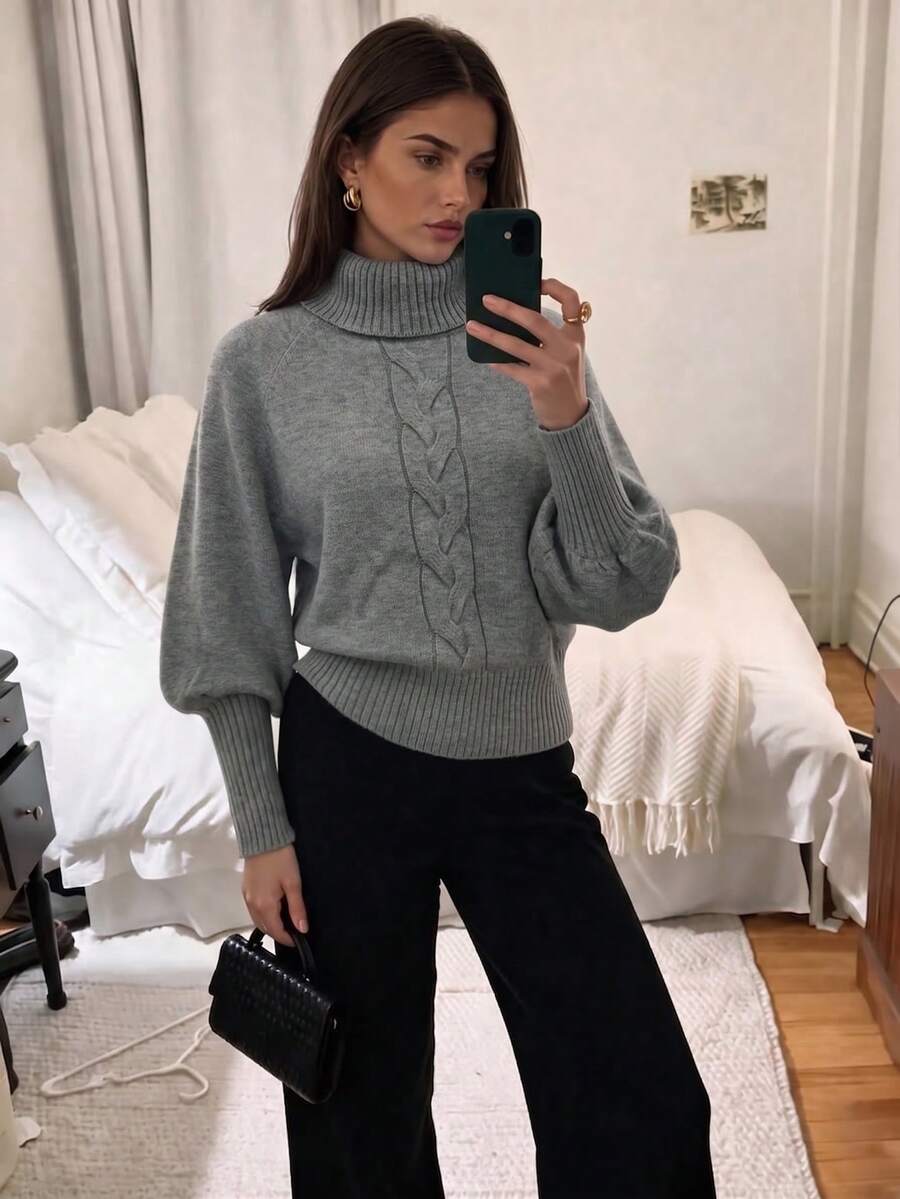 SEREN New Autumn/Winter High-Neck Cable Knit Sweater, Loose-Fit Versatile Long-Sleeve Women's Knit Top, Perfect For Daily Wear - Grey - View 1