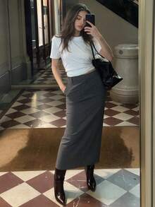 QUNGIGU Rok Panjang Lurus Pinggang Tinggi Kasual Wanita, Desain Belahan Belakang, Cocok Untuk Perjalanan Sehari-hari, Jalan-jalan, dan Kencan - Grey - View 1