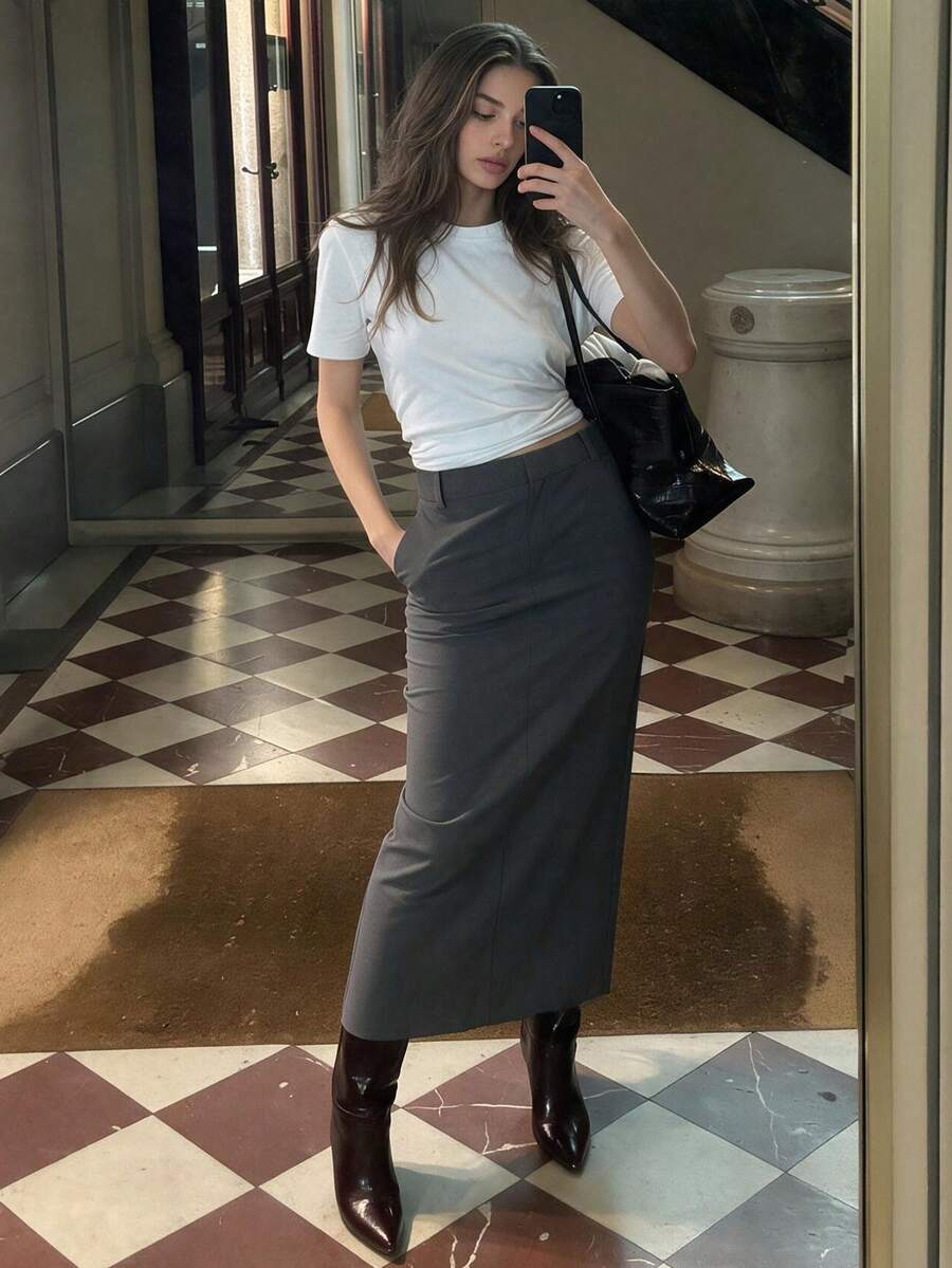 QUNGIGU Rok Panjang Lurus Pinggang Tinggi Kasual Wanita, Desain Belahan Belakang, Cocok Untuk Perjalanan Sehari-hari, Jalan-jalan, dan Kencan - Grey - View 1