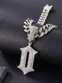 Iced Out Gothic 26 Letter Pendant Cuban Link Chain Necklace, Hip Hop Bling Rhinestone Men's Necklace, Street Party Jewelry Gift - Letter - View 19