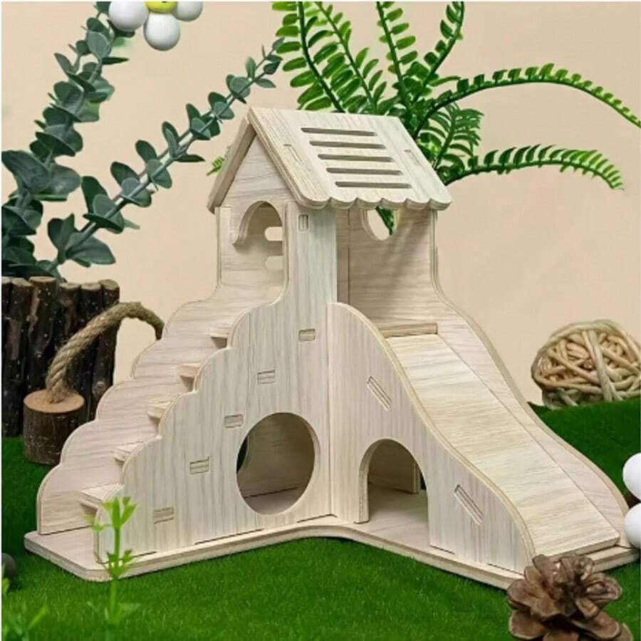 Hamster Wooden Hideout With Slide And Loft Cage Accessory - View 1