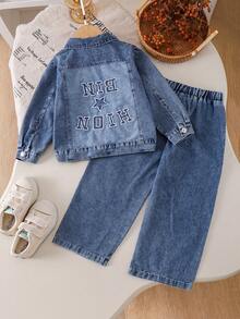 2pcs/Set Boys Blue Casual Style Pocket Decor Back Contrast Color Letter Pattern Long Sleeve Jacket And Casual Pants, Autumn - Blue - View 2