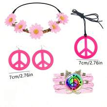 FunMular 60s =70s Hippie Costume Accessory Set, Daisy Flower Headband Peace Sign Necklace Earrings Braided Bracelet, Retro Theme Party Fancy Dress Kit - Multicolor - View 6