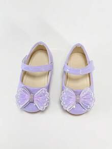 Girls Purple Shiny Princess Shoes With Mesh, Rhinestone Bow Decor, Low Vamp, Hook And Loop Strap, Soft Sole Dress Shoes - Purple - View 4