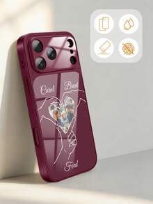 1pc Custom Heart Photo Fashion Phone Case, DIY Heart Design For A Family Of Three, Glossy Dark Background, Wine Red Corning Gorilla Glass, Cherry Color, Compatible With IPhone 18 Pro Max/17 Pro Max/16 Pro/15/14 Plus/13 Pro Max And Other Models. - Burgundy - View 3