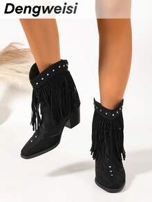 DENGWEISI Black Ruched Rivet Tassel Chunky Heel Square Toe Punk Western Boots Comfortable Versatile Street Style All Season Office Commute Daily Vacation Bohemian European American Fashion Women's Ankle Boots - Black - View 6