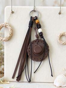 Vintage Denim Hat Keychain, Hot Girl Style Hat Strap Beaded Bag Charm - Coffee - View 2