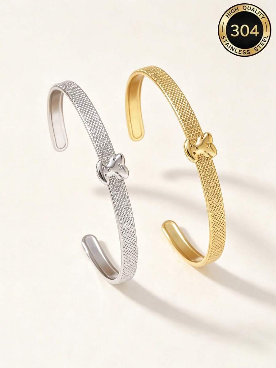 Mesh Bear Open Cuff Bracelet, Minimalist Gold & Silver Two-Tone Adjustable Women's Daily Jewelry