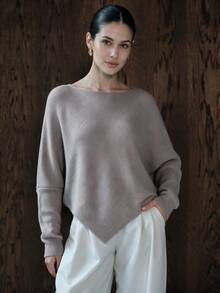 NiceArt Women's Autumn/Winter Brown Vintage Batwing Sleeve Knit Sweater, Boat Neck Diagonal Ribbed Knit Asymmetrical Hem Pullover, Autumn Outfit, Office Commute, Social - Mocha Brown - View 1