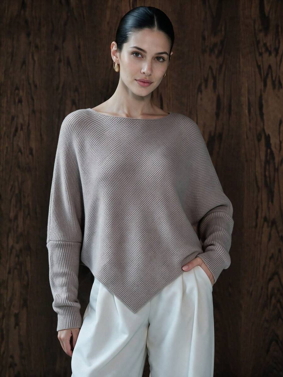 NiceArt Women's Autumn/Winter Brown Vintage Batwing Sleeve Knit Sweater, Boat Neck Diagonal Ribbed Knit Asymmetrical Hem Pullover, Autumn Outfit, Office Commute, Social - Mocha Brown - View 1