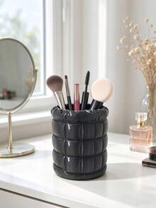 3D Printed Puff Grid Makeup Brush Holder, Faux Leather Wrapped Quilted Texture, Classic Black And White Color Scheme. Ruched Rim, Large Capacity Storage For Makeup Brushes And Eyebrow Pencils, Premium Quality, Creating An Elegant Vanity. - Multicolor - View 7
