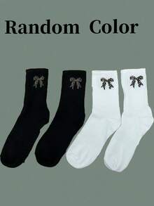 5 Pairs Sweet Girl Leopard Print Bow Mid-Calf Socks, Black & White Versatile Daily Commute Campus Comfortable Socks - Multicolor - View 6