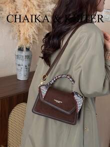 1pc Fashion Square Flap PU Fabric Handbag With Adjustable Shoulder Strap, Suitable For Commuting, Shopping, Etc. (Includes Silk Scarf) - Coffee - View 8
