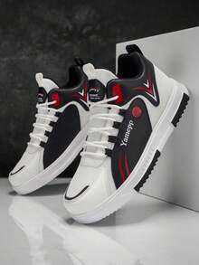 Men's Personalized Colorblock High-Top Casual Shoes With Letter Basketball Logo Decor, Street Style Thick Sole Versatile Skate Shoes For Students - White and Black - View 7