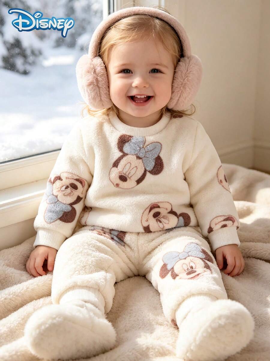 Disney Autumn/Winter Infant Newborn Mickey Mouse Cute Long Sleeve & Long Pants Set With Minnie Mouse Cartoon Pattern, Slightly Elastic, Suitable For Daily Wear And Gift Giving - White - View 1