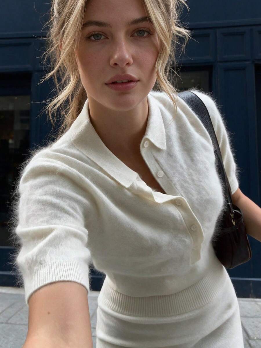 Unadoll Women's White Polo Collar Knit Top, Elegant Basic Short Sleeve Slim Fit Fuzzy Sweater, Suitable For Back To School, Daily Wear And Commuting - Off White - View 1