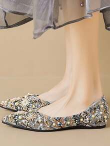 New Vintage Women's Pointed Toe Flat Shoes, Summer Rhinestone Studded Slingback Pumps, Low Vamp Soft Sole Versatile Shoes - Cadet Blue - View 2