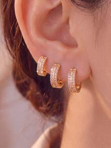 1 Set Exquisite Luxury Copper Gold-Plated Women's Earring Set, Double Row Densely Set Crystal Pink Zirconia Hoop Earrings, Suitable For Women's Daily Commute, Date, Evening Party, Holiday Jewelry Set - Earring Set - View 2
