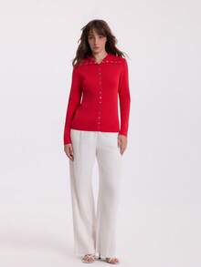 Women's Long Sleeve Lapel Button Knit Cardigan Sweater - Red - View 3
