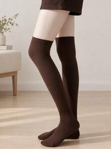 1 Pair Women's Brown Vertical Striped Over-The-Knee Socks, Soft Knitted Slouchy Long Tube Socks, JK Campus Commute Daily Wear - Brown - View 6