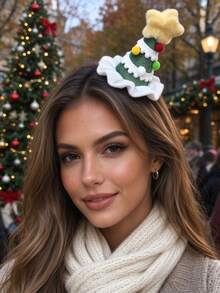 1pc/2pcs Christmas Plush Christmas Tree Hair Clip, Plush Five-Pointed Star Colorful Ball Ruffle Edge Hair Clip, Holiday Decoration Side Hair Accessory - Multicolor - View 1