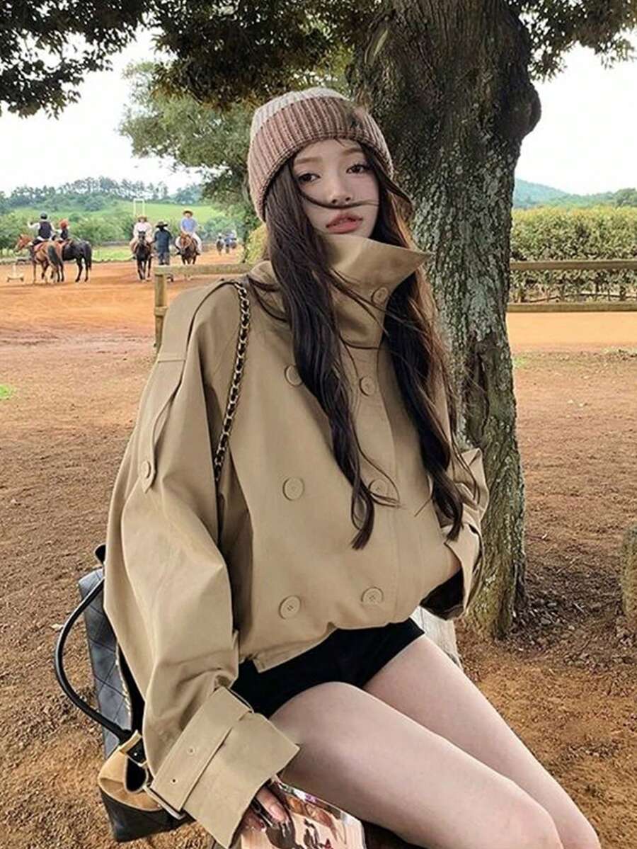 Áo khoác trench ngắn hai hàng cúc màu kaki cho nữ, phong cách mùa thu - Màu Khaki - Xem 1