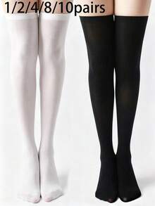 1/2/3/4/8/10 Pairs Solid Black & White Over-The-Knee Stockings For Women - Multicolor - View 11